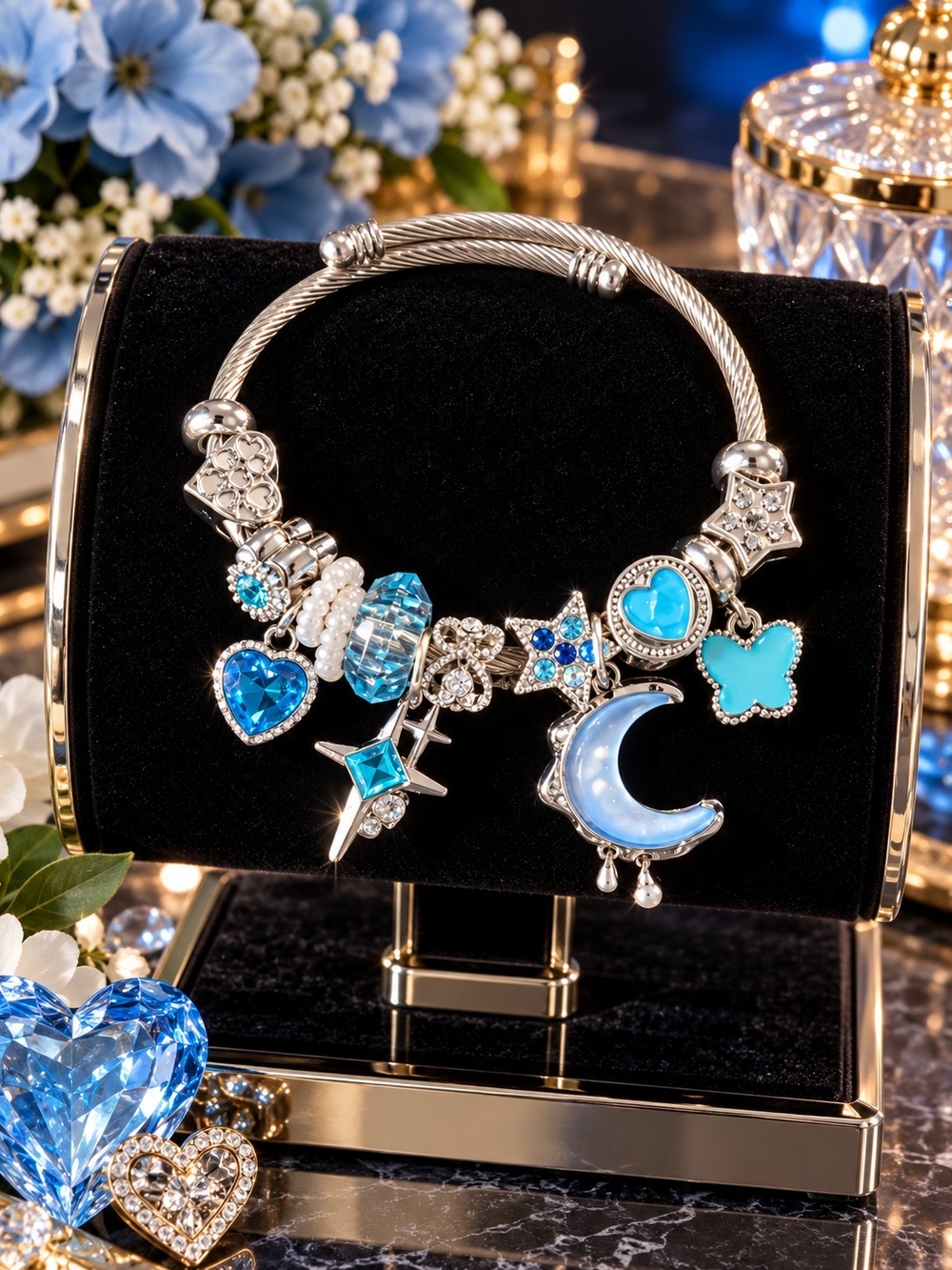 Silver Charm Bracelet with Blue and Turquoise Charms